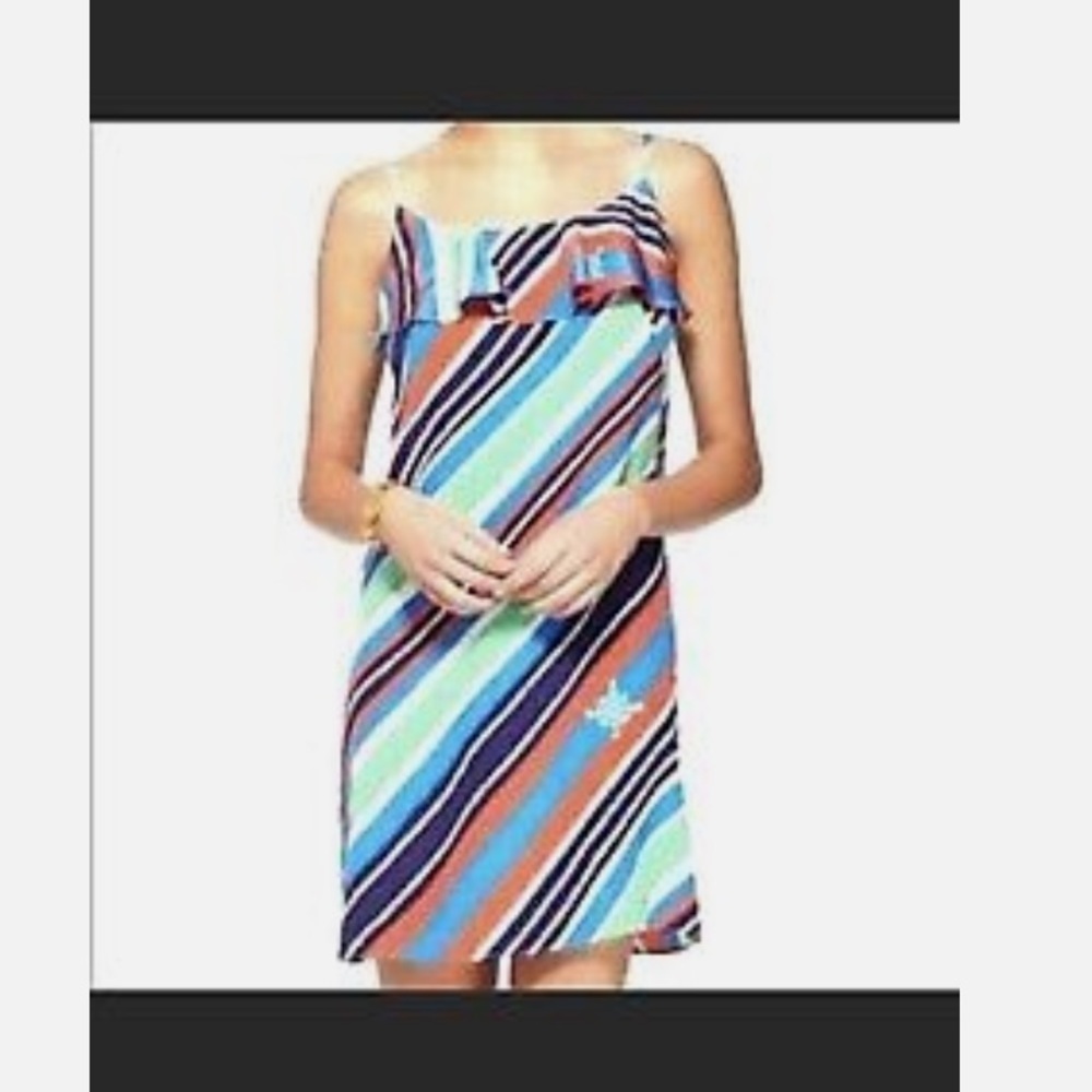 Lili Pulitzer Striped Compass Laya Dress Silk Nautical Ruffle Trim Lined